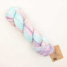 Load image into Gallery viewer, Araucania Huasco Cotón Glisten yarn in pastel pink, blue and purple.