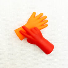 Load image into Gallery viewer, Orange and red knitting needle point protectors in the shapes of hands