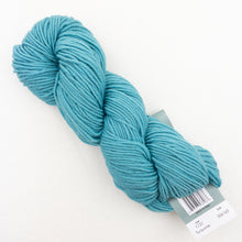 Load image into Gallery viewer, A skein of turquoise Plymouth DK Merino Superwash yarn on a white background.