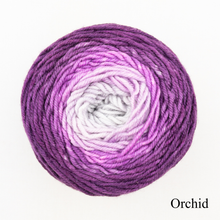 Load image into Gallery viewer, A purple and white ball of Freia Merino Silk Worsted ombre yarn