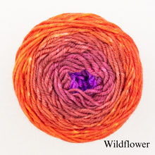 Load image into Gallery viewer, An orange and purple ball of Freia Merino Silk Worsted ombre yarn