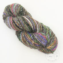Load image into Gallery viewer, A brown, purple, pink, and green skein of variegated Noro Kochoran yarn on a white background.