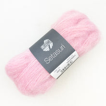 Load image into Gallery viewer, Pink yarn ball with a Lana Grossa Setasuri label on a white background
