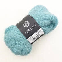 Load image into Gallery viewer, Turquoise yarn ball with a Lana Grossa Setasuri label on a white background