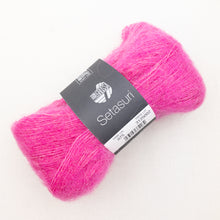Load image into Gallery viewer, Hot pink yarn ball with a Lana Grossa Setasuri label on a white background