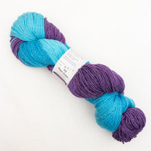 Load image into Gallery viewer, A blue and purple variegated skein of Lornas Laces Solemate sock yarn on a white background.