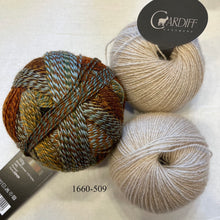 Load image into Gallery viewer, Linen Stitch Cowl (Cardiff &amp; Zauberball version) Knitting Kit | Cardiff Small Cashmere, Zauberball Crazy &amp; Knitting Pattern (#228)
