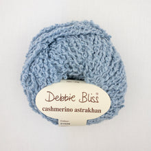 Load image into Gallery viewer, A light blue ball of Debbie Bliss Astrakhan yarn on a white background