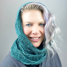 Load image into Gallery viewer, Vertical Feather & Fan Cowl Knitting Kit | Hand Maiden Camelspin & Knitting Pattern (#192F)