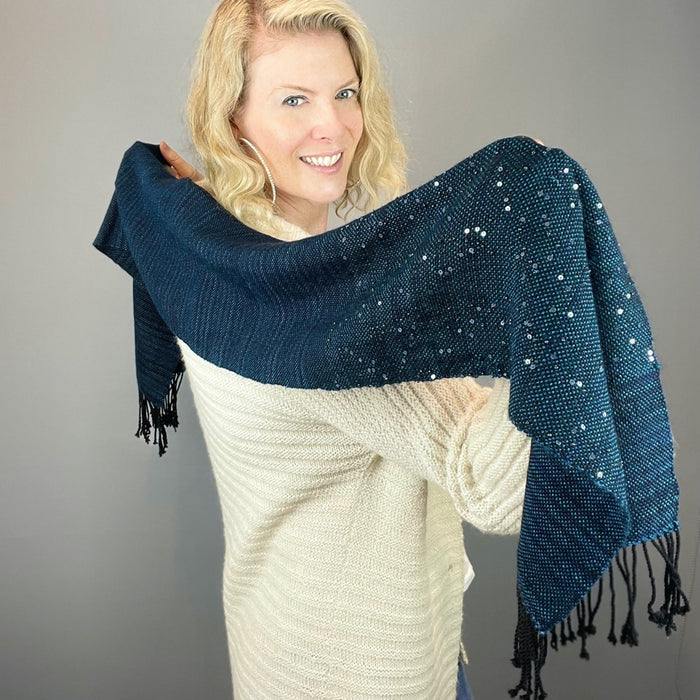 Wendy's Woven Scarf Kit | Handmaiden Camelspin, Artyarns Beaded Mohair & Sequins, Artyarns Merino Cloud & Weaving Pattern (#436)