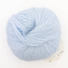 Load image into Gallery viewer, A ball of pale blue Plymouth Angora yarn on a white background.
