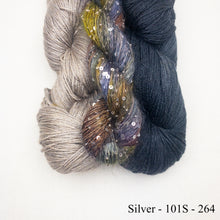 Load image into Gallery viewer, Wendy&#39;s Woven Scarf Kit | Handmaiden Camelspin, Artyarns Beaded Mohair &amp; Sequins, Artyarns Merino Cloud &amp; Weaving Pattern (#436)

