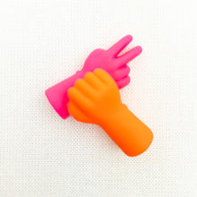 Load image into Gallery viewer, Pink and Orange knitting needle point protectors in the shapes of hands
