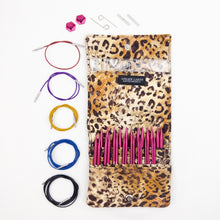 Load image into Gallery viewer, Atelier Yarns Berry Pink Interchangeable Knitting Needles in a Cheetah print case.
