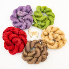Load image into Gallery viewer, A group of Colinton Australia Lace yarn in colors red, green, purple, tan, and brown

