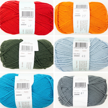 Load image into Gallery viewer, Six skeins of yarn arranged in a 2x3 grid on a white background, each with a paper label showing the brand and color code. The yarn colors are red, orange, dark green, baby blue, bright blue, and dark gray.
