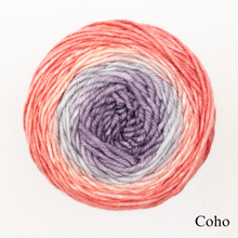 Load image into Gallery viewer, A grey and peach ball of Freia Merino Silk Worsted ombre yarn 
