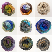 Load image into Gallery viewer, A 3x3 grid showing nine skeins of variegated Noro Kureyon yarn in different colorways on a white background.
