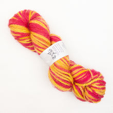 Load image into Gallery viewer, A skein of variegated pink and yellow Lorna's Laces Shepherd Bulky yarn on a white background
