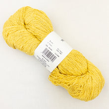 Load image into Gallery viewer, A yellow skein of BC Garn Soft Silk yarn on a white background.
