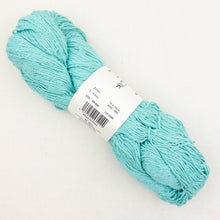 Load image into Gallery viewer, A turquoise skein of BC Garn Soft Silk yarn on a white background.
