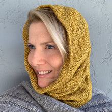 Load image into Gallery viewer, Diagonal Feather &amp; Fan Cowl Knitting Kit | Hand Maiden Camelspin &amp; Knitting Pattern (#192E)
