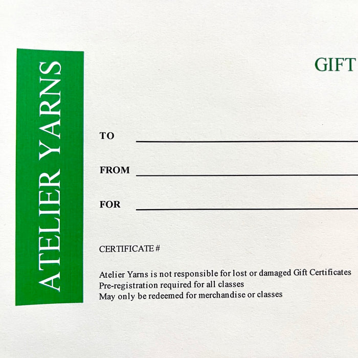 Atelier Yarns Gift Certificate for use in San Francisco, CA.
