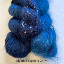 Load image into Gallery viewer, Virtual Hug Ruffled Shawlette (with bling!) Knitting Kit | Gunpowder Sock, Hue Loco Mohair Lace, Artyarns Beaded Mohair and Sequins &amp; Knitting Pattern (#269B)
