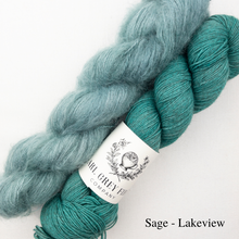 Load image into Gallery viewer, Virtual Hug Ruffled Shawlette Knitting Kit | Gunpowder Sock, Hue Loco Mohair Lace &amp; Knitting Pattern (#269B)
